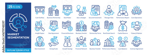Market Segmentation icon set collection in outline color style. an icon pack contain Cash Outflow,Business Partnership,Deal Maker,Idea vs Budget,Secured Investment,Manager Role