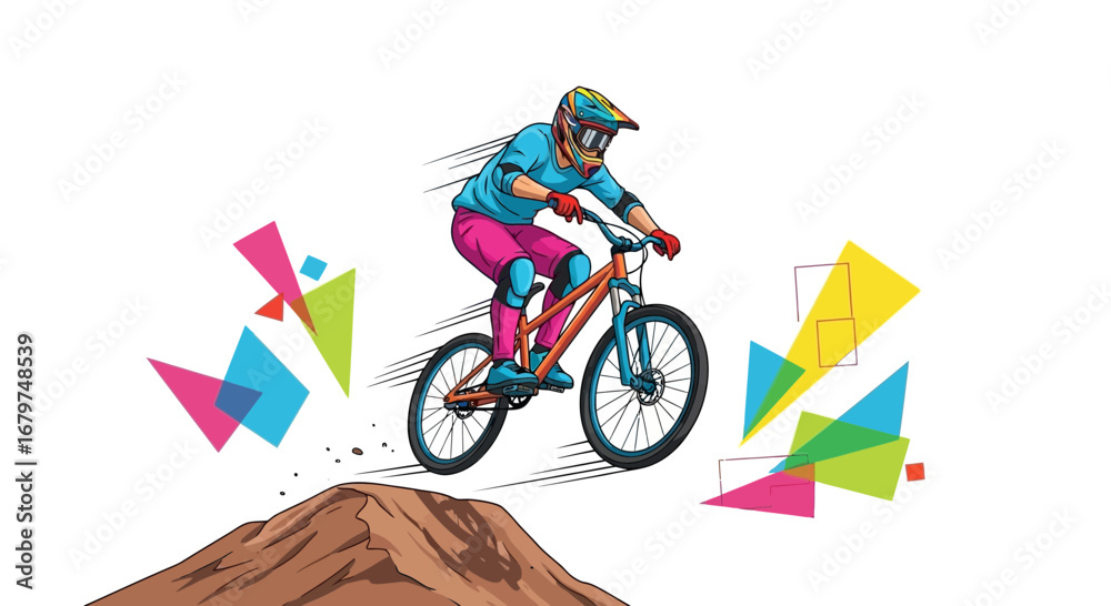 Fototapeta premium Bicycle Rider Soaring Through The Air on a Mountain Bike Performing Dynamic Stunts