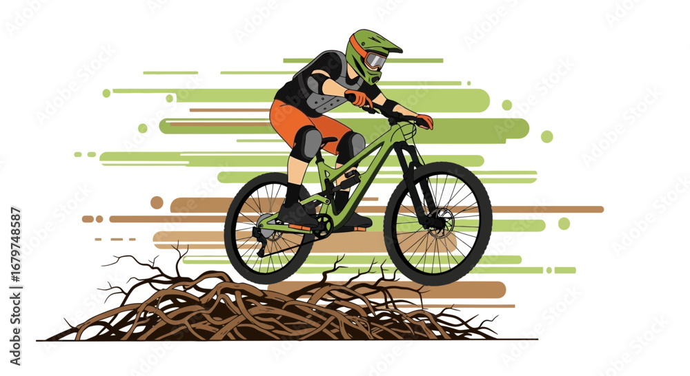 Fototapeta premium Bicyclist Navigating Rough Terrain Graphic Depicting Bicycle Riding in Stylized Art