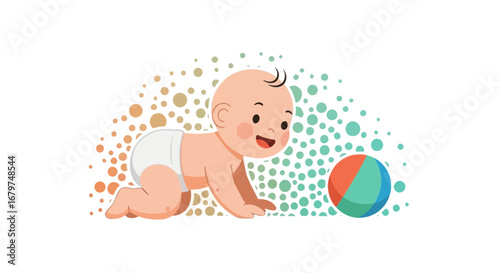 Cartoon illustration of a baby crawling and playing with their colorful ball