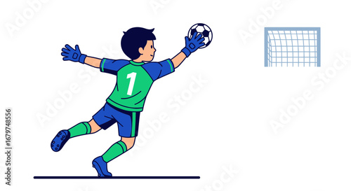 Cartoon Goalkeeper Making a Save During a Soccer Match with Clean Graphic Style