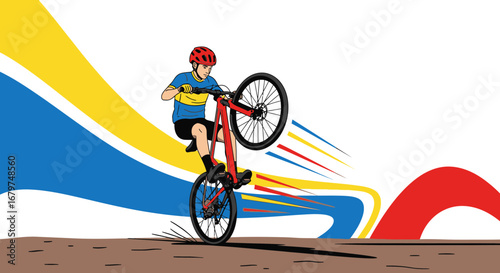 Bicycle Rider Doing a Wheelie with Abstract Colorful Designs and Streamers