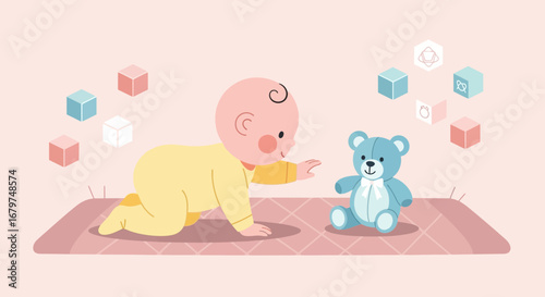 Cartoon illustration of a baby crawling to a teddy bear with colorful blocks floating