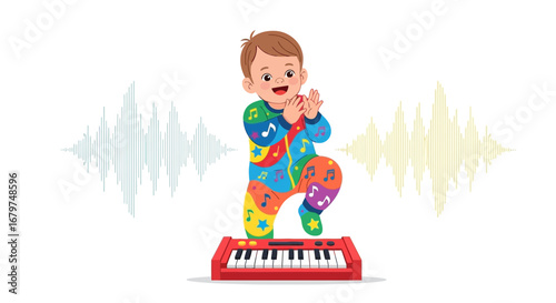 Cartoon illustration of a baby playing a toy piano, with clapping and musical notes