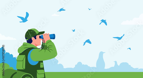 Birdwatcher watching the birds with binoculars in nature, vector illustration birdwatching