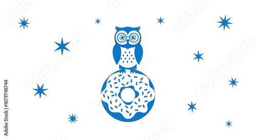 Blue owl on a donut with stars: a whimsical and cute vector illustration