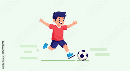Cartoon illustration of a boy playing soccer kicking the ball towards the goal