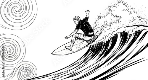 Black and white illustration of a man surfing a large wave in the ocean