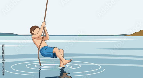 Cartoon illustration of a boy swinging on a rope over water with idyllic view