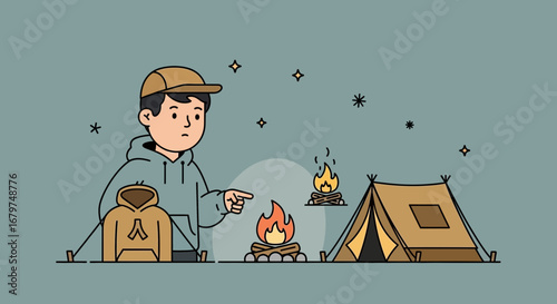 Cartoon illustration of a camping trip adventure with campfire near the tent