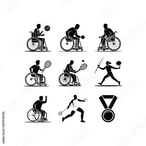 Inclusive sports icons celebrating athleticism diverse athletes in wheelchairs and unified sports