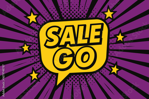 SALE bold loud flat vector speech bubble with the text 'SALE ' inside bold letters with black outline surrounded by shiny stars placed on vibrant purple burst with halftone rays flat vector.