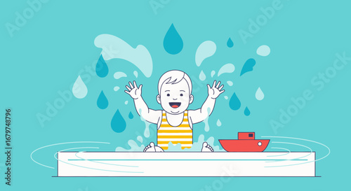 Cartoon illustration of a cheerful baby playing and splashing water at the pool