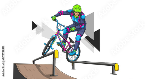 BMX Rider Performing Stunt Against Geometric Background, Vector Illustration Artwork