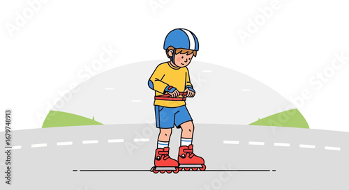 Cartoon illustration of a child putting on inline skates and preparing to rollerblade