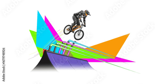 BMX Rider Soaring Above Colorful Geometry, Showcasing Athleticism and Extreme Sports