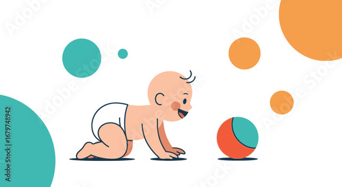 Cartoon Illustration of a Crawling Baby Playing with a Colorful Baby Ball