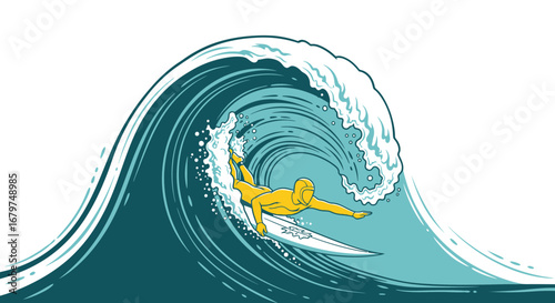 Bold Surfer Riding A Massive Wave, Showing Power And Extreme Summer Water Adventure