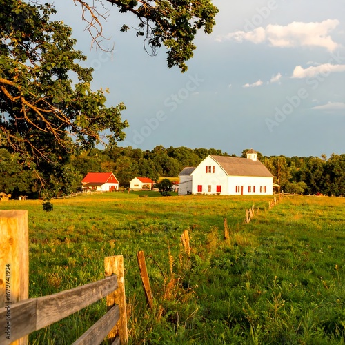 Countryside farm scene at sunset