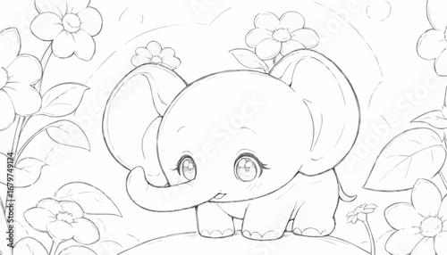 Cute baby elephant surrounded by flowers in a playful setting, doodle style
