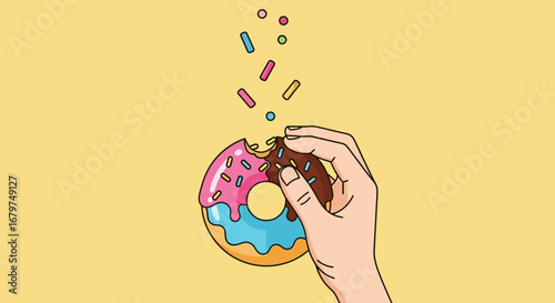 Cartoon illustration of a hand holding a colorful donut with sprinkles falling