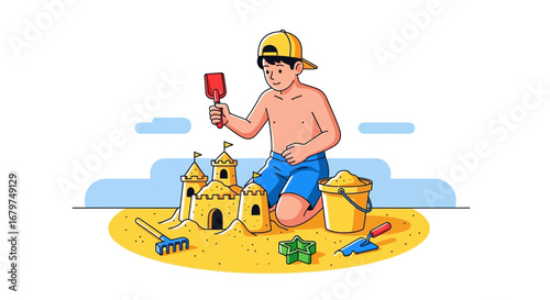 Boy Building Sandcastle With Shovel And Accessories On The Sandy Beach Illustration