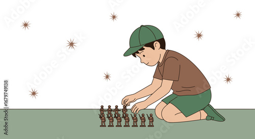 Boy Building Army Men: A Playful Moment Of Organized Warfare In Simple Illustration
