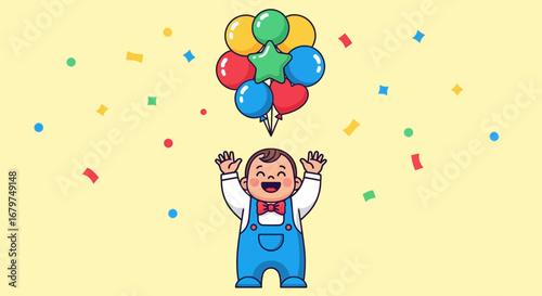 Cartoon illustration of a happy baby celebrating with balloons and confetti decorations