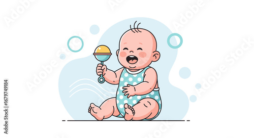 Cartoon illustration of a happy baby playing with a rattle and having a joyful laugh