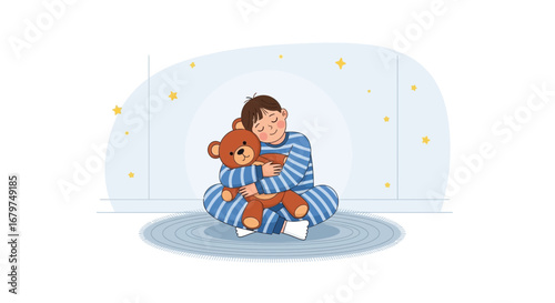 Boy Comforted By Teddy Bear In A Soothing Scene Of Dreaming And Relaxation