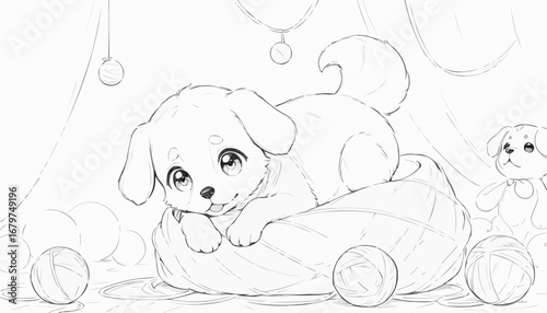 Adorable puppy lying in a cozy bed with playful balls, sketch style 