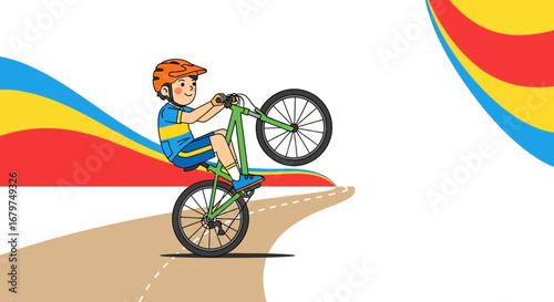 Boy doing a wheelie on his bicycle isolated on a white background