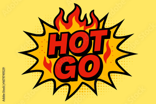 HOT comic burst punchy flat vector speech bubble with the text 'HOT ' inside bold red letters outlined in black surrounded by flame accents placed on bright burst with halftone dots flat.