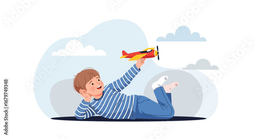 Boy Dreams of Flight and Imagination, Soaring High with Toy Airplane Illustration