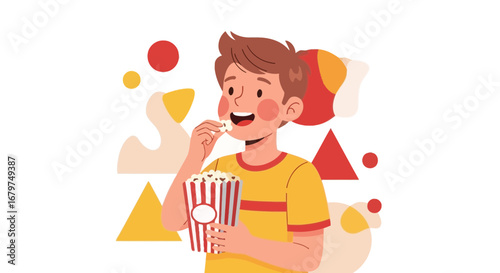 Boy Eating Popcorn And Displaying Excitement While Enjoying A Theatrical Experience