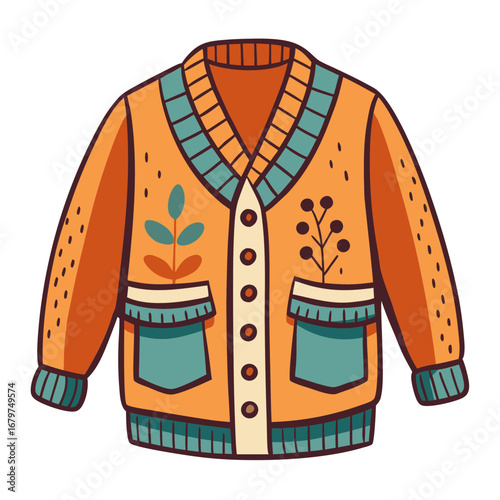 Cozy orange cardigan sweater illustration with intricate patterns and decorative buttons vector