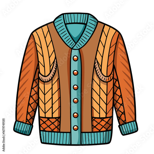 Stylish cable knit cardigan with striped collar vector illustration for fashion design