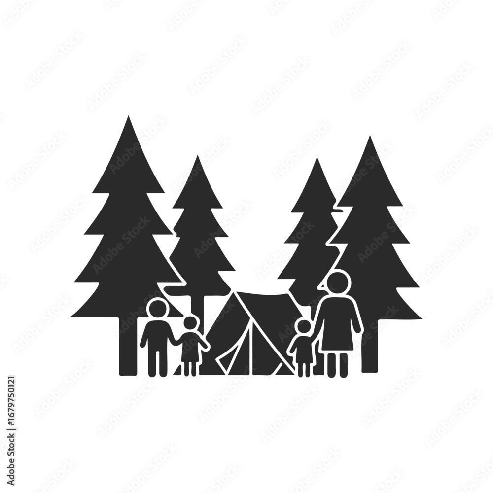 Fototapeta premium Family camping in forest silhouette: parents and children among pine trees with tent