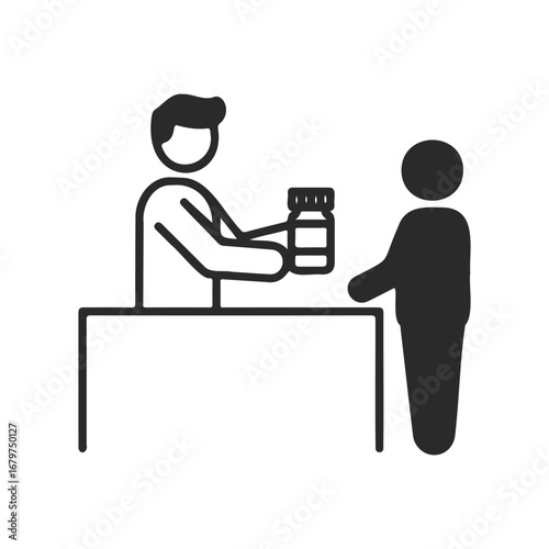Pharmacist providing prescription medicine to customer icon illustration