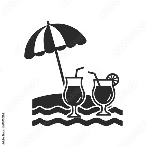 Beach icon with two cocktails and umbrella in black and white design
