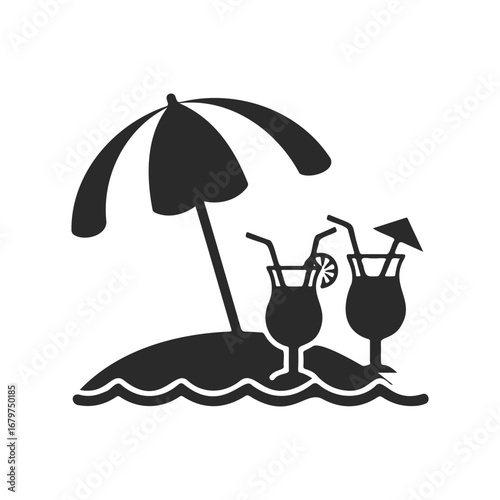 Beach island icon with umbrella and cocktails silhouette