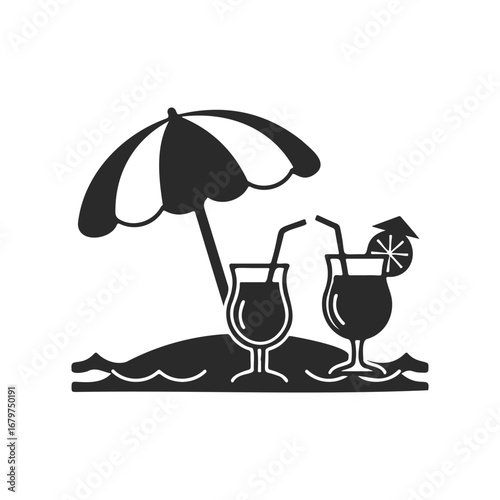 Tropical beach scene with umbrella and cocktails on sandy shore