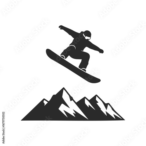Silhouette of snowboarder jumping over mountain peaks