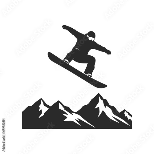 Silhouette of snowboarder performing jump over mountain peaks