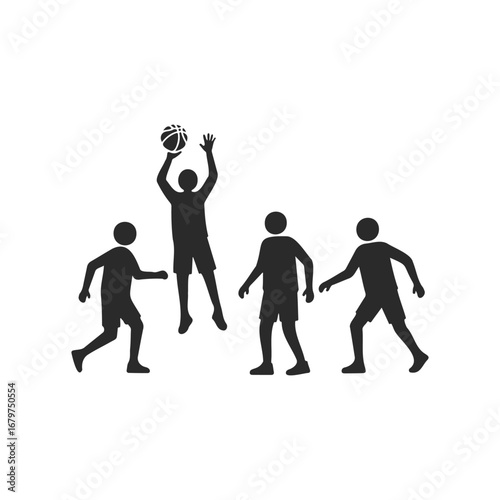 Silhouette of teens playing basketball: group sport activity