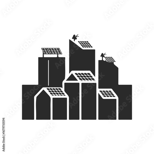Modern city buildings with solar panels on rooftops for sustainable energy