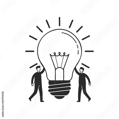 Two figures holding a bright light bulb symbolizing innovation and collaboration