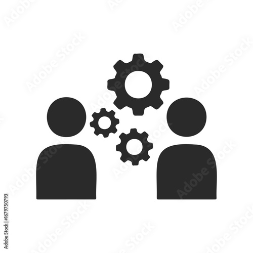 Two people silhouette with gears icon representing teamwork and collaboration