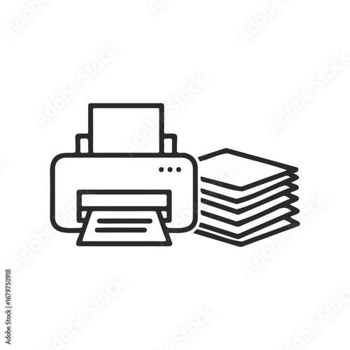 Black and white printer icon with paper stack for office use