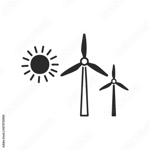 Solar sun and wind turbines icon: renewable energy symbols in black and white